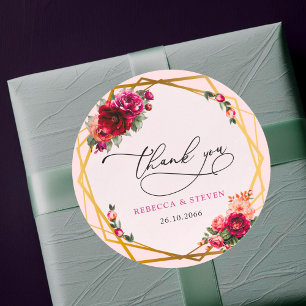 Chic red pink floral faux gold wedding thank you classic round sticker