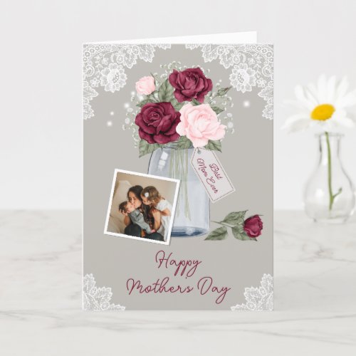 Chic Red Pink Floral Photo Happy Mothers Day Card