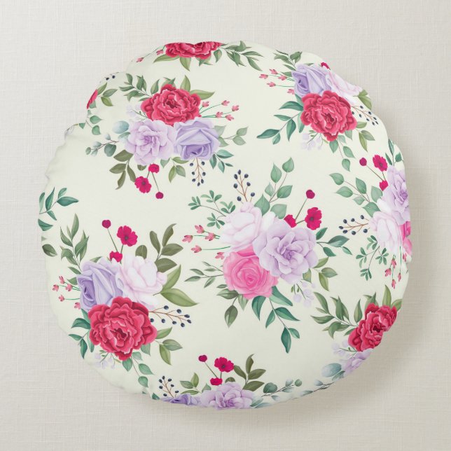 chic red,pink floral round pillow (Front)