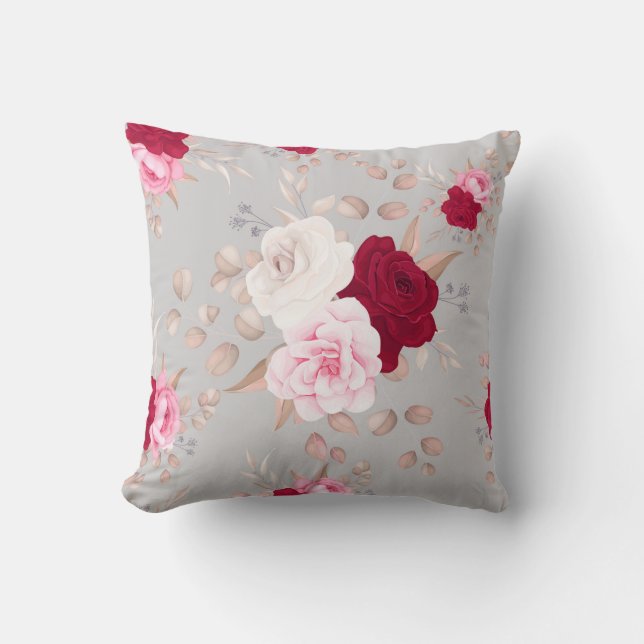 chic red,pink floral throw pillow (Front)