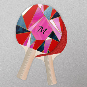 Chic red pink grey abstract geometric ping pong paddle