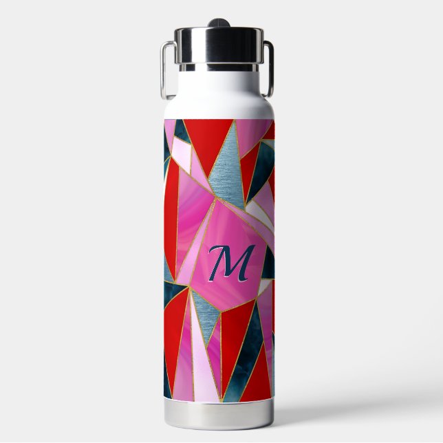 Chic red pink grey abstract geometric water bottle (Front)