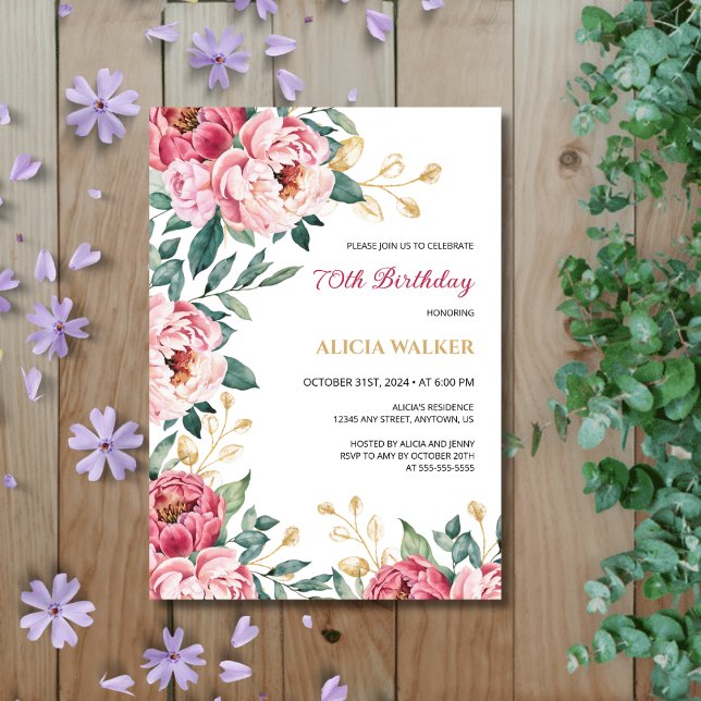 Chic Red Pink Peony Floral Gold Leaf Birthday  Invitation (Creator Uploaded)