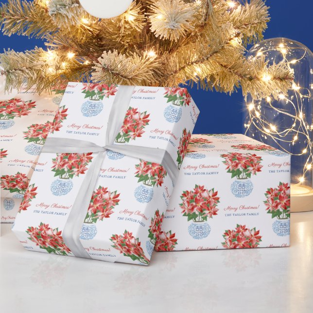 Chic Red Poinsettia Ginger Jar Merry Christmas Wrapping Paper (Holidays)