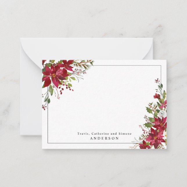 Chic Red Poinsettia Holly Floral Christmas Holiday Note Card (Front)