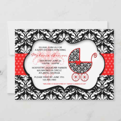 Chic Red Polka Dot Damask Baby Shower Invite