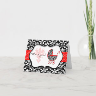 Chic Red Polka Dot Damask Baby Shower Thank You