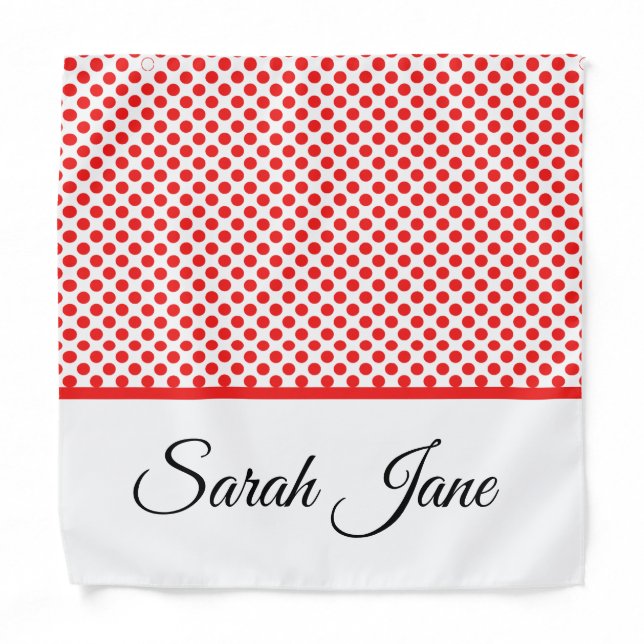 Chic Red Polka Dots Elegant Script Custom Name Bandana (Front)