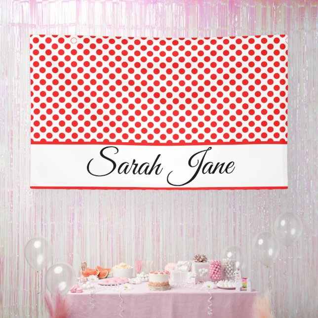 Chic Red Polka Dots Elegant Script Custom Name Banner (Party)