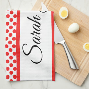 Chic Red Polka Dots Elegant Script Custom Name Kitchen Towel