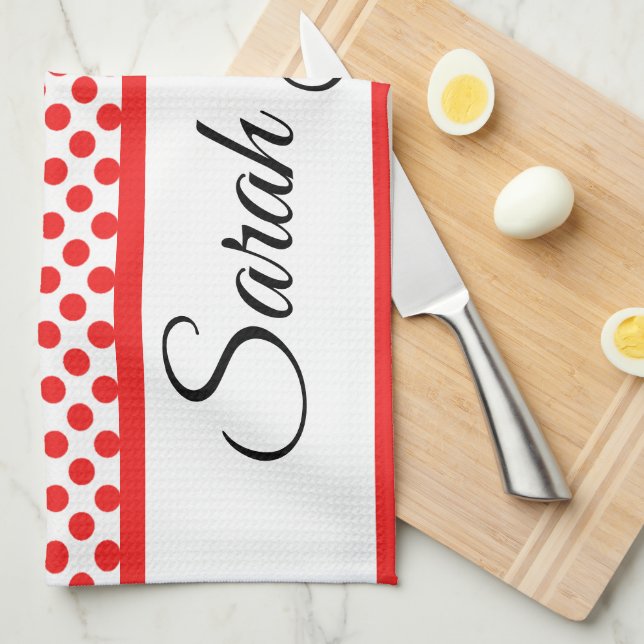 Chic Red Polka Dots Elegant Script Custom Name Kitchen Towel (Quarter Fold)