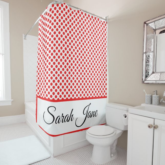 Chic Red Polka Dots Elegant Script Custom Name Shower Curtain (In Situ)