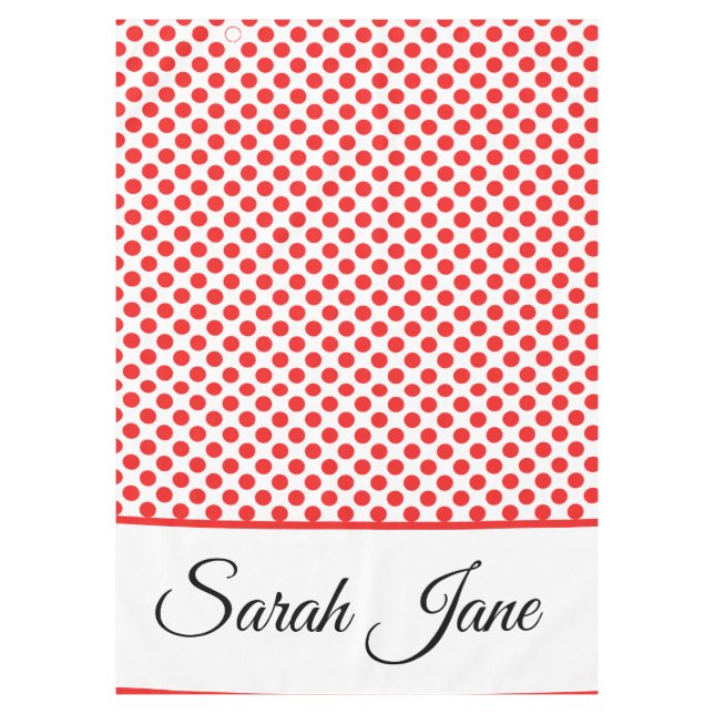 Chic Red Polka Dots Elegant Script Custom Name Tablecloth (Front)