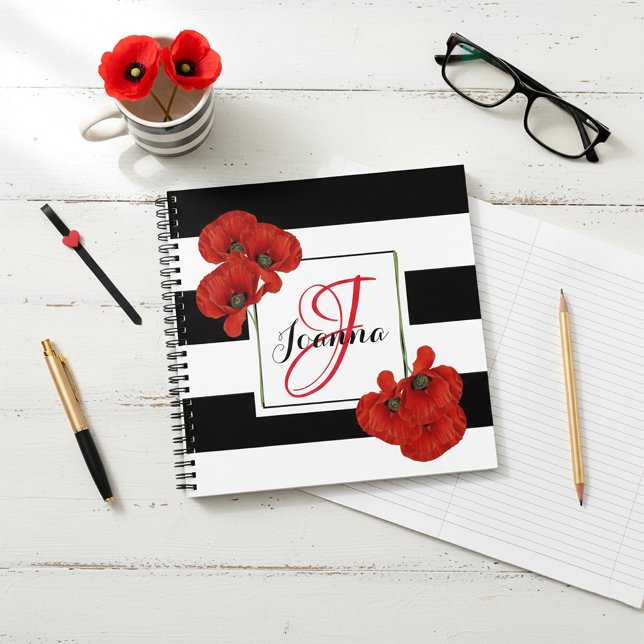Chic Red Poppies & Black White Stripes Monogram Notebook (Creator Uploaded)