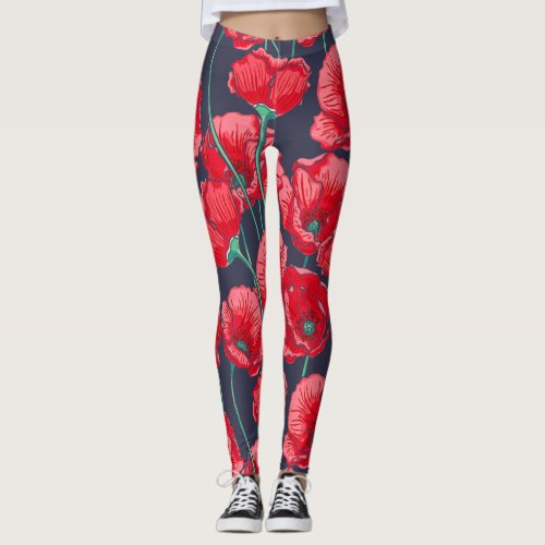 Chic Red poppy flowers hand painted pattern Leggings