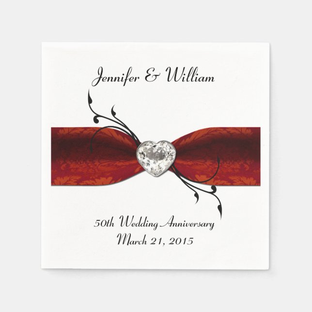 Chic Red Ribbon and Heart Custom Paper Napkins (Front)