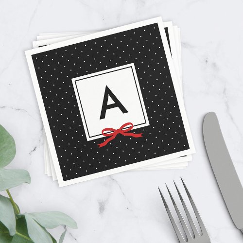 Chic Red Ribbon Black Polka Dot Pattern Monogram Paper Napkins