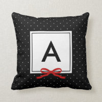 Chic Red Ribbon Black Polka Dot Pattern Monogram Throw Pillow