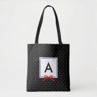 Chic Red Ribbon Black Polka Dot Pattern Monogram Tote Bag