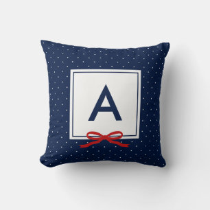 Chic Red Ribbon Blue Polka Dot Pattern Monogram Throw Pillow