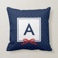 Chic Red Ribbon Blue Polka Dot Pattern Monogram Throw Pillow
