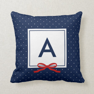 Chic Red Ribbon Blue Polka Dot Pattern Monogram Throw Pillow