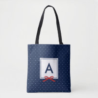 Chic Red Ribbon Blue Polka Dot Pattern Monogram Tote Bag