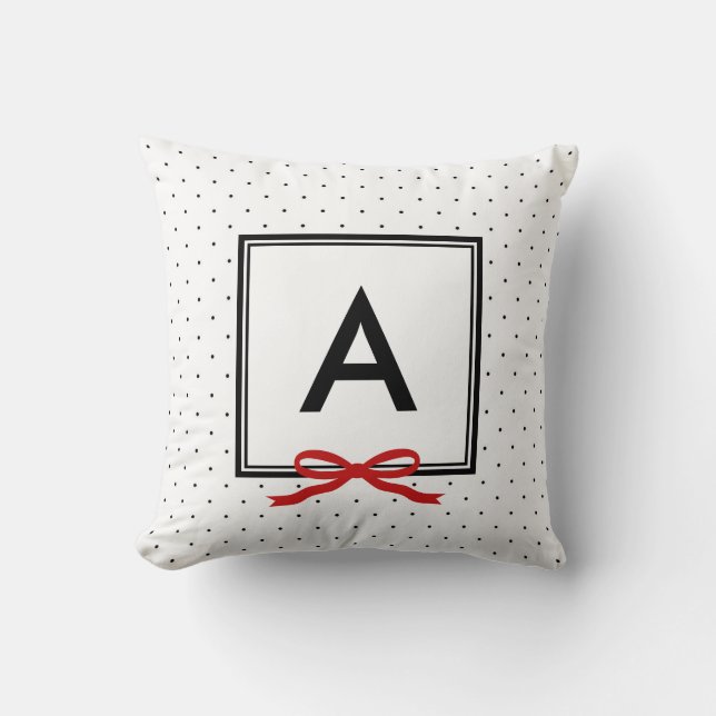 Chic Red Ribbon Polka Dot Pattern Monogram Throw Pillow (Front)