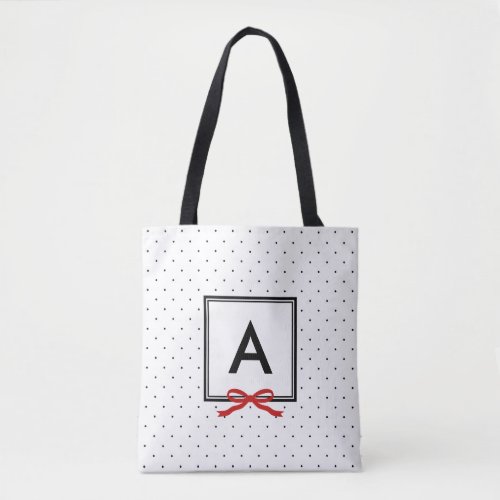 Chic Red Ribbon Polka Dot Pattern Monogram Tote Bag