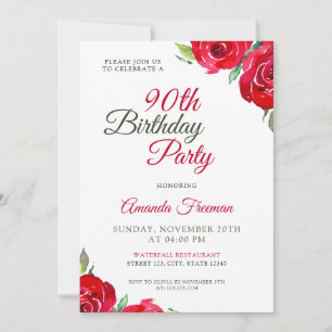 Chic Red Rose 90th Birthday Invitation