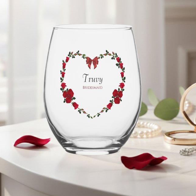 Chic Red Rose Bridesmaid Gift Drinkware Set Stemless Wine Glass (Elegant red rose bridesmaid wine glass for a stunning wedding party toast.)