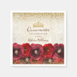 Chic Red Rose Floral Gold Crown Quincea&#241;era Napkins