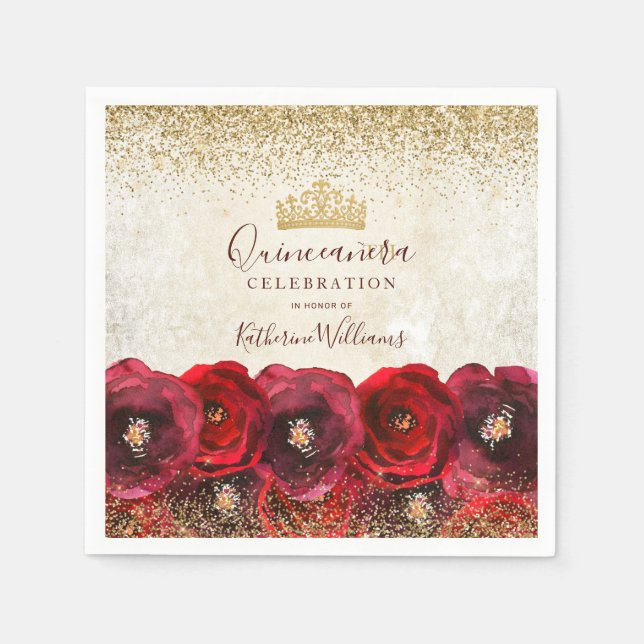 Chic Red Rose Floral Gold Crown Quinceañera Napkins (Front)