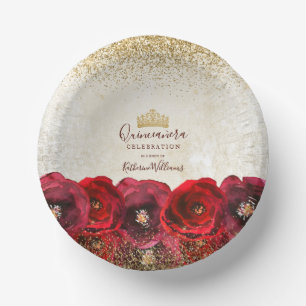 Chic Red Rose Floral Gold Crown Quinceañera Paper Bowls
