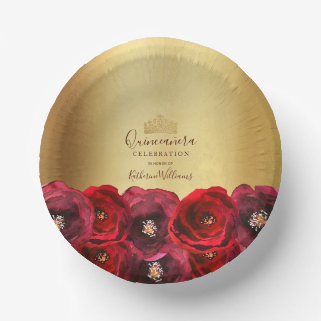 Chic Red Rose Floral Gold Crown Quinceañera Paper Bowls (Front)