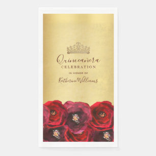 Chic Red Rose Floral Gold Crown Quinceañera Paper Guest Towels