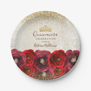 Chic Red Rose Floral Gold Crown Quinceañera Paper Plates