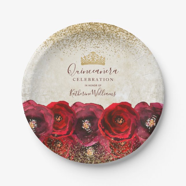  Chic Red Rose Floral Gold Crown Quinceañera Paper Plates (Front)