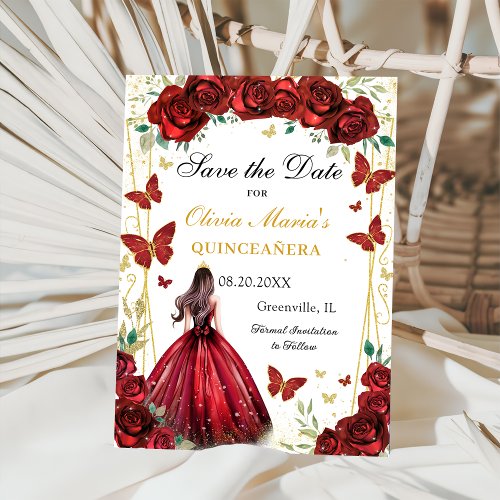 Chic Red Rose Floral Quinceanera Princess Save The Date