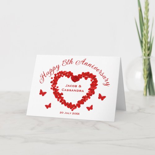 Chic Red Rose Heart Butterflies Photo Anniversary Card