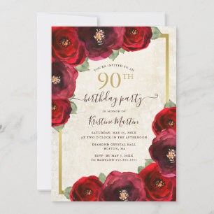 Chic Red Rose Watercolor Floral Gold 90th Birthday Invitation