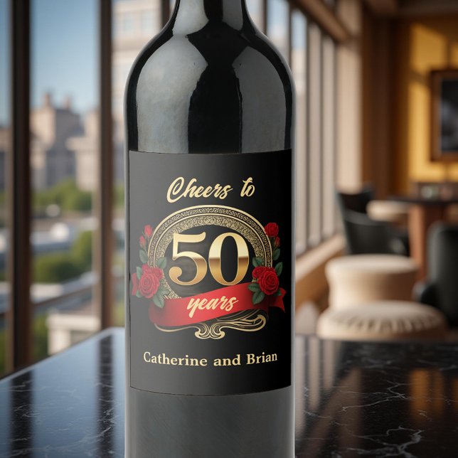 Chic Red Roses and Gold 50th Wedding Anniversary Wine Label (Creator Uploaded)