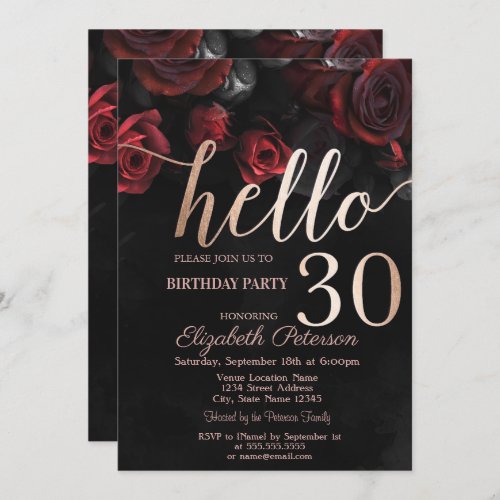 Chic Red Roses Black 30th Birthday Party Invitation