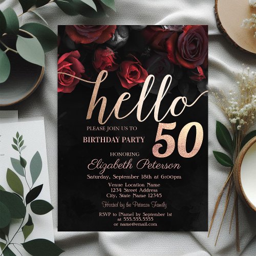 Chic Red Roses Black 50th Birthday Party Invitation