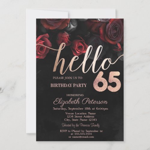 Chic Red Roses Black 65th Birthday Party Invitation