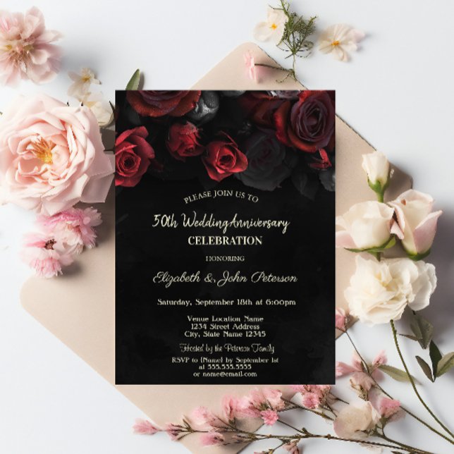 Chic Red Roses Black Wedding Anniversary Invitation (Creator Uploaded)