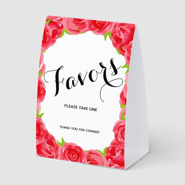Chic Red Roses Bridal Shower Favors Paper Table Tent (Front)