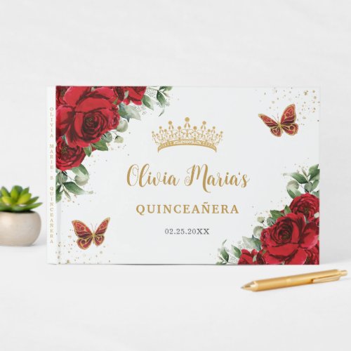 Chic Red Roses Floral Butterflies Gold Quinceanera Guest Book