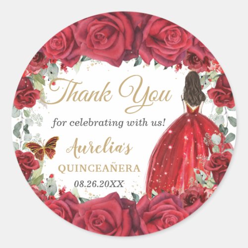 Chic Red Roses Floral Butterflies Princess Favor Classic Round Sticker