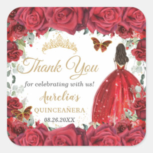 Chic Red Roses Floral Butterflies Princess Favor Square Sticker